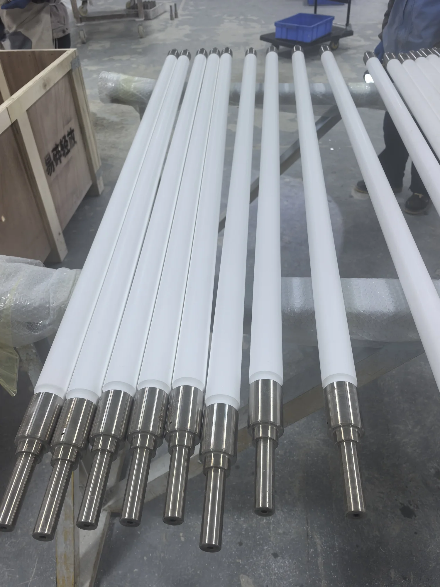 Finished ceramic rollers prepared for inspection