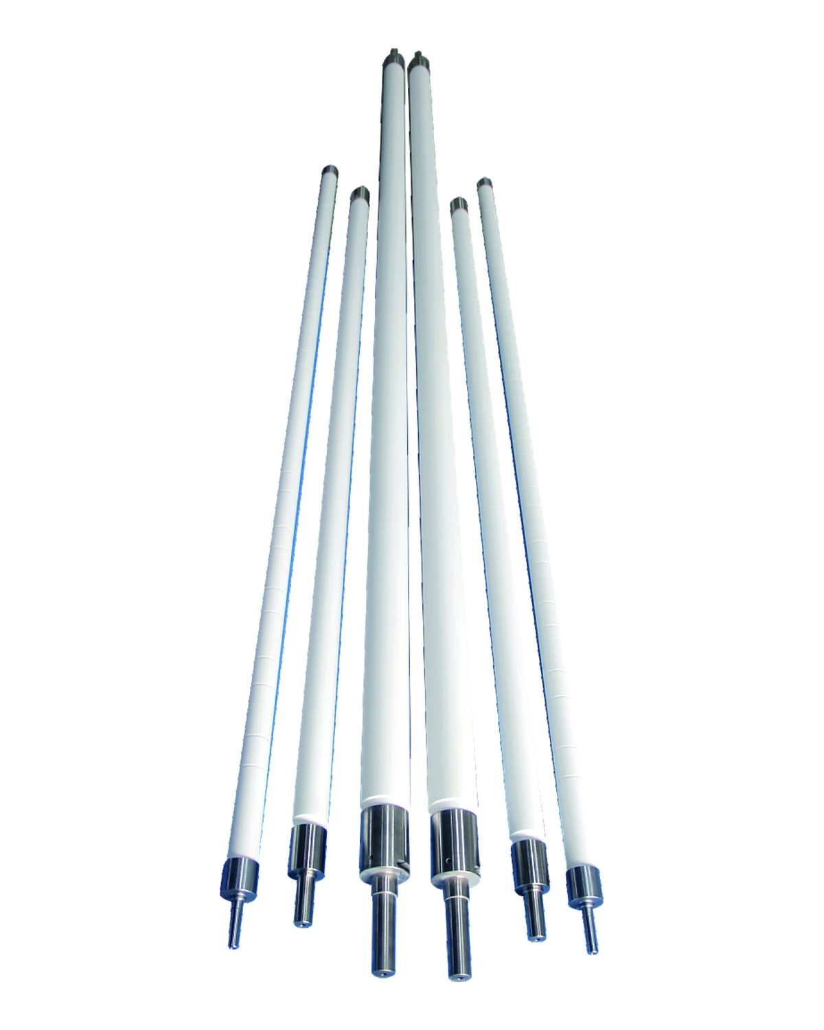 Long fused silica ceramic rollers with metal end fittings